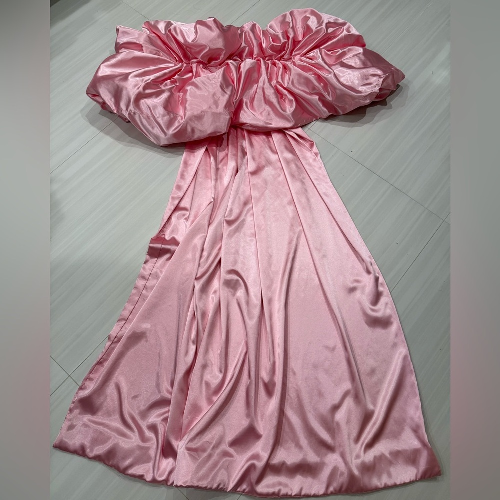 Strapless Pink Midi Dress with Feather & Sequin Detailing and custom cape - Picture 8 of 15